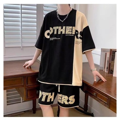 拼色华夫格休闲套装男士夏季宽松短袖短裤搭配帅气运动服男装一套