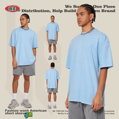 BE男装2025春夏260G纯棉水洗t恤复古潮牌青少年宽松t恤欧美跨境男