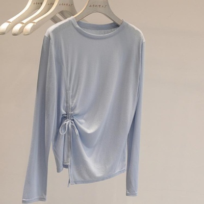 韩系小姐姐!轻薄凉感竹节棉抽绳长袖T恤女简约纯色防晒罩衫潮