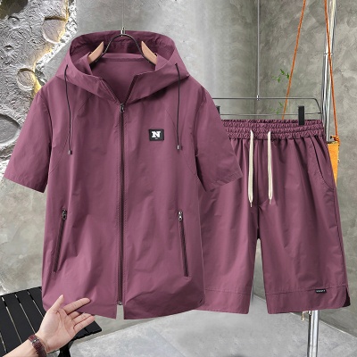 2025新款速干大码运动套装男士夏季胖子宽松连帽短袖t恤短裤男装