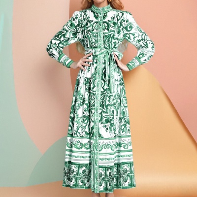 2025跨境新款欧美女装亚马逊复古灯笼袖印花长袖百褶欧美连衣裙女