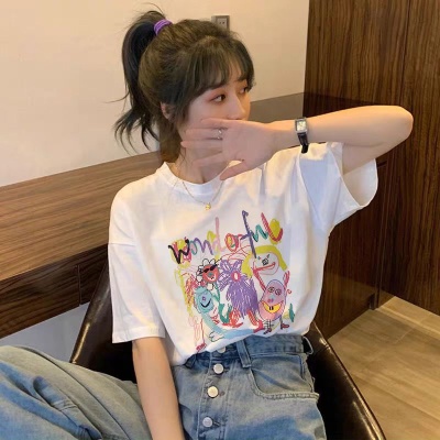 短袖t恤2025新款夏季白色纯棉可爱卡通半袖内搭上衣设计感小众女