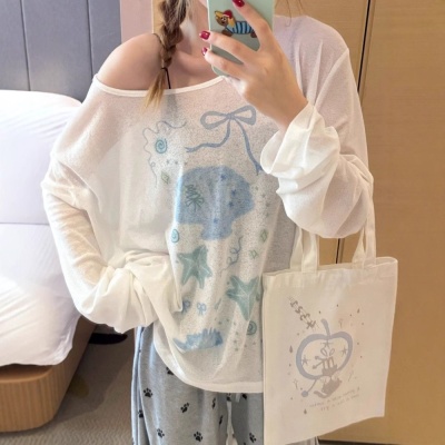 小众印花长袖防晒罩衫T恤女夏季设计感个性可爱宽松百搭薄款上衣