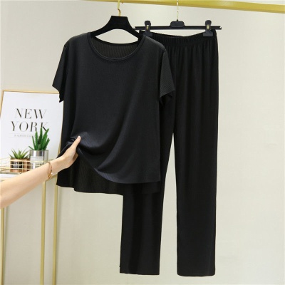 时尚冰丝套装女士夏季薄款新款气质运动休闲阔腿裤短袖两件套洋气