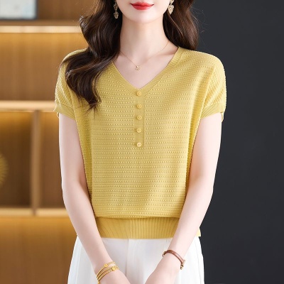 鸿3570夏季新款大码短袖外穿冰丝针织衫夏装上衣洋气宽松薄款T恤