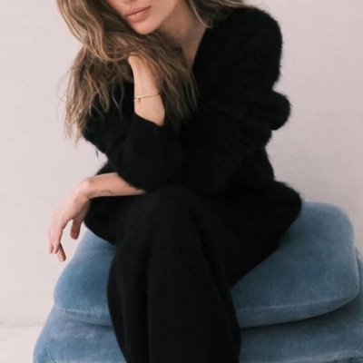 跨境仿貂针织开衫女欧美2024新款慵懒风设计感宽松气质V领毛衣女