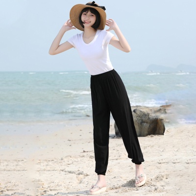 冰丝运动裤女宽松束脚防蚊裤九分夏季薄休闲沙滩显瘦阔腿灯笼裤潮