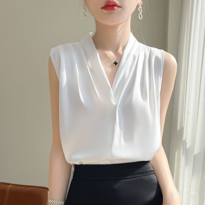 缎面仿真丝v领吊带背心女夏季西装内搭无袖衬衣挂脖纯色上衣批代