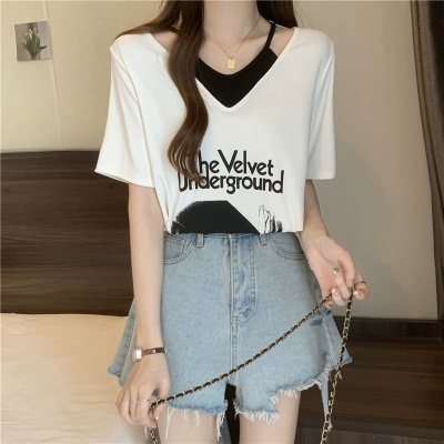 大码女装夏季新款短袖t恤女时尚洋气胖mm宽松显瘦设计感小众上衣