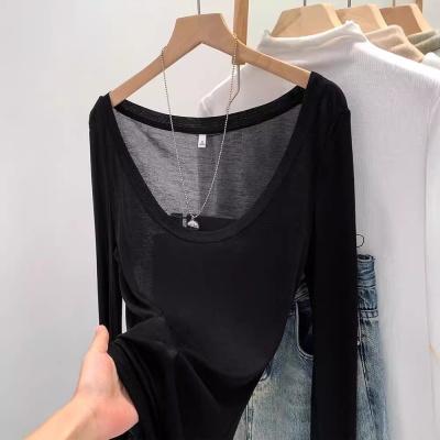 天丝亲肤薄款微透修身纯欲辣妹白色u领防晒打底罩衫T恤女早秋上衣