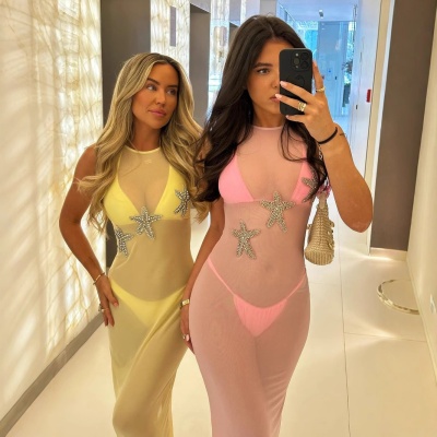 欧美ins风跨境女装性感时尚透视纯色五角星配饰网纱无袖圆领连衣