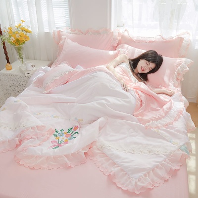 空调被夏凉被四件套冰丝夏季公主风可爱少女单双人真天水机洗透气