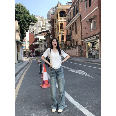 慵懒纯棉正肩白色v领短袖t恤女夏季内搭打底衫宽松显瘦体恤上衣