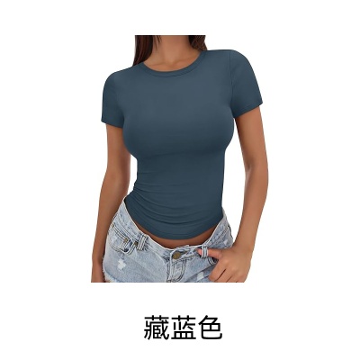 新款女装短袖正肩短款修身上衣t恤企业文化装商务办公室工装批发