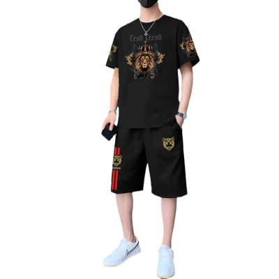 休闲运动套装男士短袖T恤短裤沙滩装潮流青年中国龙图案两件套夏