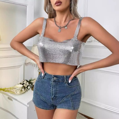 欧美外贸 亮片金属吊带背心夜店性感女装开叉上衣AL120