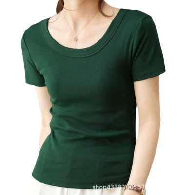 螺纹纯棉U领T恤女短袖2024夏季新款宽松显瘦高级感体恤上衣打底衫