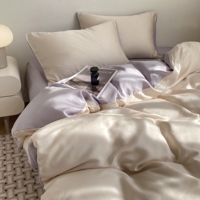 夏季冰丝床上四件套夏天丝滑被套裸睡床单水洗纯色宿舍三件套床品