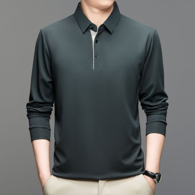 跨境外贸冰丝弹力薄款长袖t恤男式春秋季中年休闲打底polo衫上衣