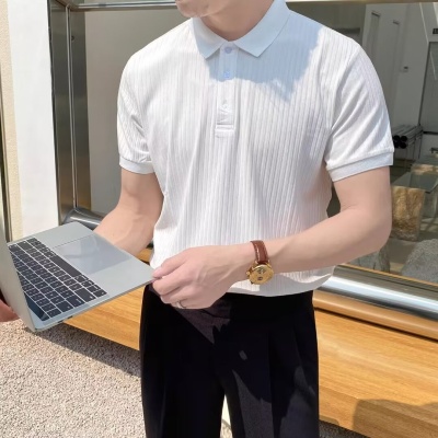 翻领polo衫男潮牌休闲夏季纹理感纯色韩版针织衫短袖t恤打底衫男