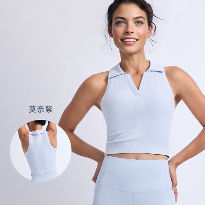 跨境新品纯色翻领运动背心女春夏健身上衣专业跑步户外运动内衣