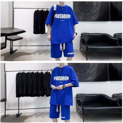 华夫格短袖短裤套装男夏季美式复古运动服大码男装搭配休闲两件套