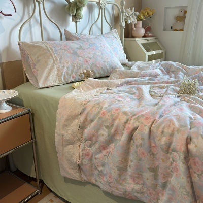 夏季新品母婴A类全棉双层纱法式大花边夏被床单四件套纯棉空调被