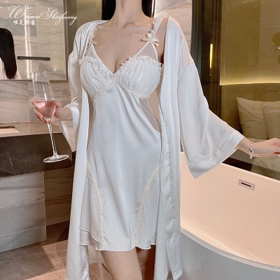 唯美纱木耳花边吊带睡裙家居性感睡裙套装缎面拼纱透气纯欲睡衣