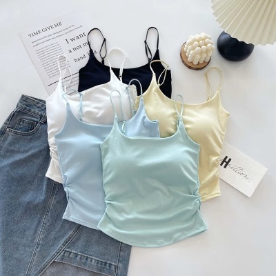 纯欲风甜辣设计感褶皱吊带背心女带胸垫一体杯内搭外穿美背上衣女