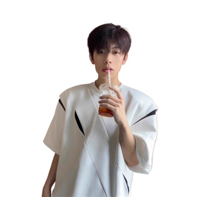 美式解构拼接正肩t恤小众设计感刀割垫肩短袖男高级感穿搭半截袖