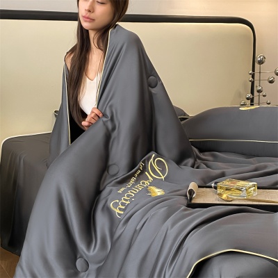 轻奢风水洗真丝冰丝刺绣天丝夏凉被三件套四件套空调被-滚边款