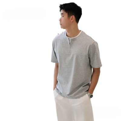 重磅新款半拉链短袖T恤男宽松简约小众设计拼接假两件半袖上衣服