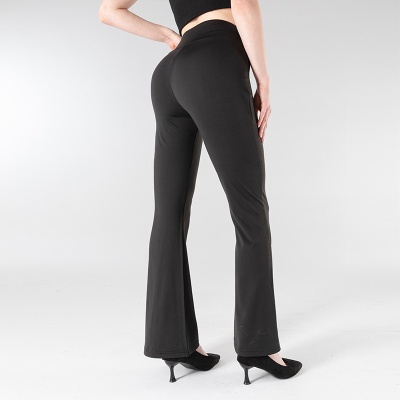 欧美跨境新款微喇裤女 提臀收腰宽松长裤V型腰交叉通勤休闲裤现货