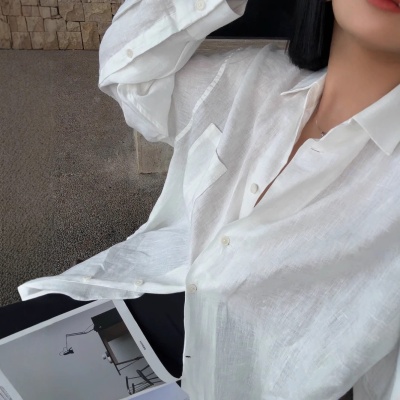 新款法式度假100%纯亚麻衬衣简约百搭慵懒宽松显瘦长袖衬衫女5401