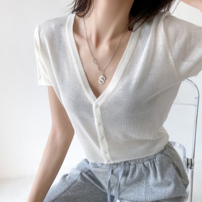 冰丝针织开衫女夏薄外套新款短袖穿搭韩版宽松纯色小空调防晒衣潮