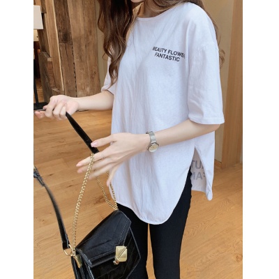白色开叉T恤女大码中袖中长款潮流字母夏季简约圆领套头上衣女潮