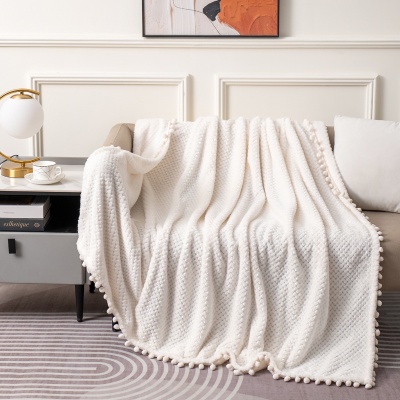 跨境直供菠萝格流苏球毛毯加厚珊瑚绒毯子办公室沙发盖毯午睡毯