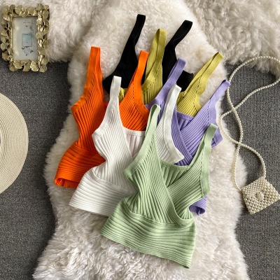 复古坑条针织背心V领内搭纯色高腰露背欧美街头短款修身吊带上衣