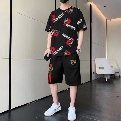 休闲运动套装男士短袖T恤短裤沙滩装潮流青年中国龙图案两件套夏