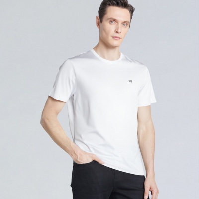 男式男装桑蚕丝T恤舒适天丝圆领短袖中老年男装爸爸装夏