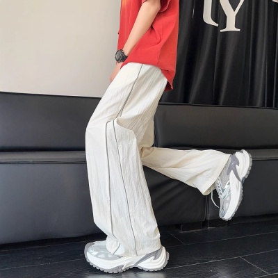 白色辑明线速干裤子男夏季薄款潮牌运动阔腿裤美式直筒宽松休闲裤