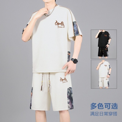 M-8XL新款加肥加大码运动休闲男刺绣套装夏季潮胖子宽松短袖套装