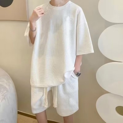 华夫格夏季套装男士潮牌宽松休闲运动短袖短裤青少年男装一套搭配