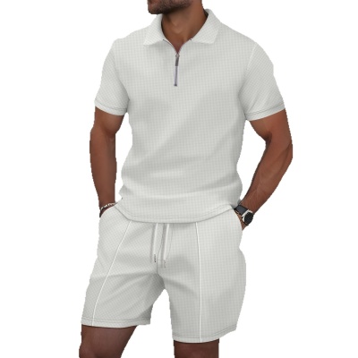 亚马逊夏季跨境男士新款华夫格拉链纯色翻领短袖T恤短裤休闲套装