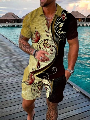 独立站金色3D时尚拉链polo衫套装男士休闲3D印花Polo衫短裤2件套