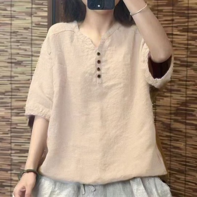 跨境外贸夏季新款女士上衣T恤纯色休闲舒适宽松新中式V领五分袖女