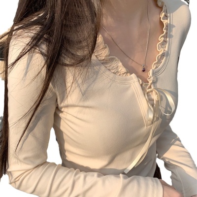 藏蓝色三粒扣上衣女美式复古bm修身短款罗纹长袖打底衫T恤女秋冬