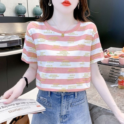 字母印花条纹短袖T恤女2024夏装新款韩版百搭圆领宽松爆款上衣潮