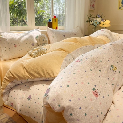 A类双层纱水洗棉四件套单人床单被套纯棉三件套高级感被罩床笠款