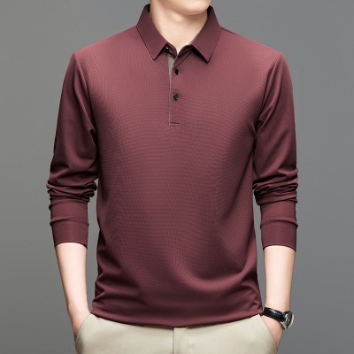 跨境外贸冰丝弹力薄款长袖t恤男式春秋季中年休闲打底polo衫上衣